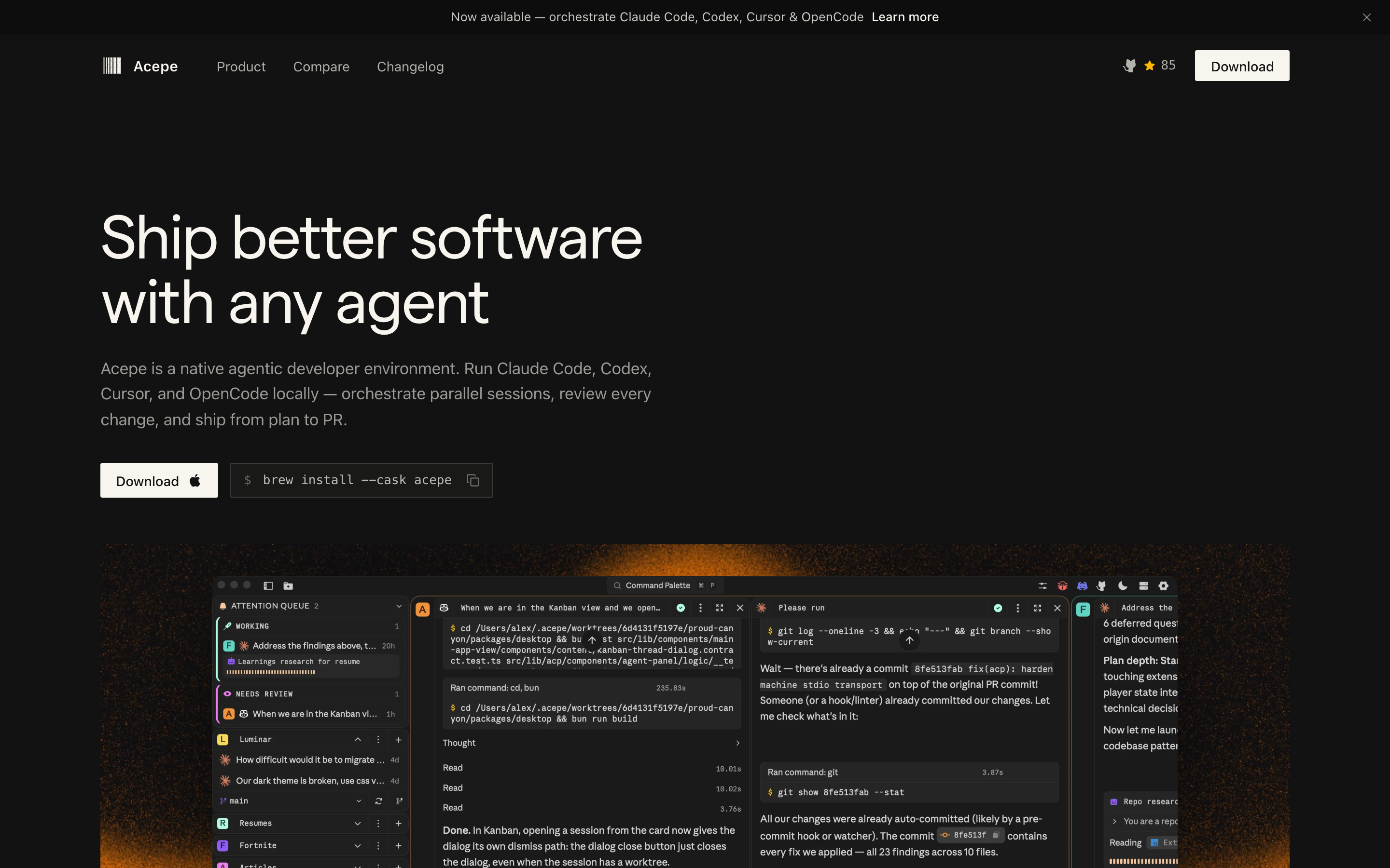 Acepe website — the agentic developer environment