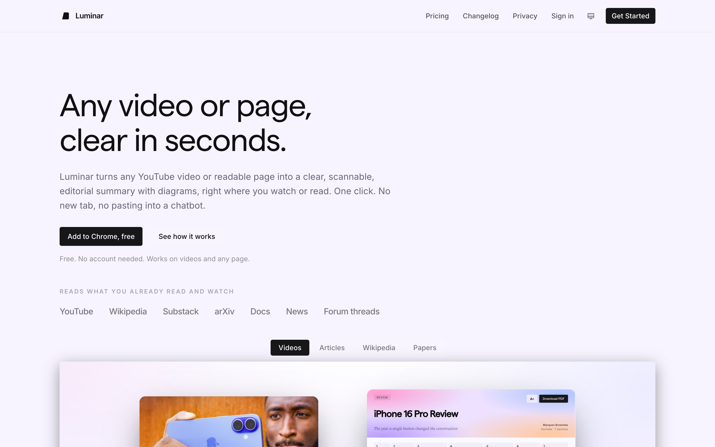 Luminar website — any video or page, clear in seconds
